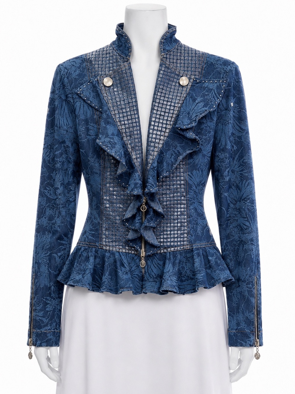 Y2K Seandara Victorian Romantic Western Floral Jacquard Ruffle Denim Jacket
